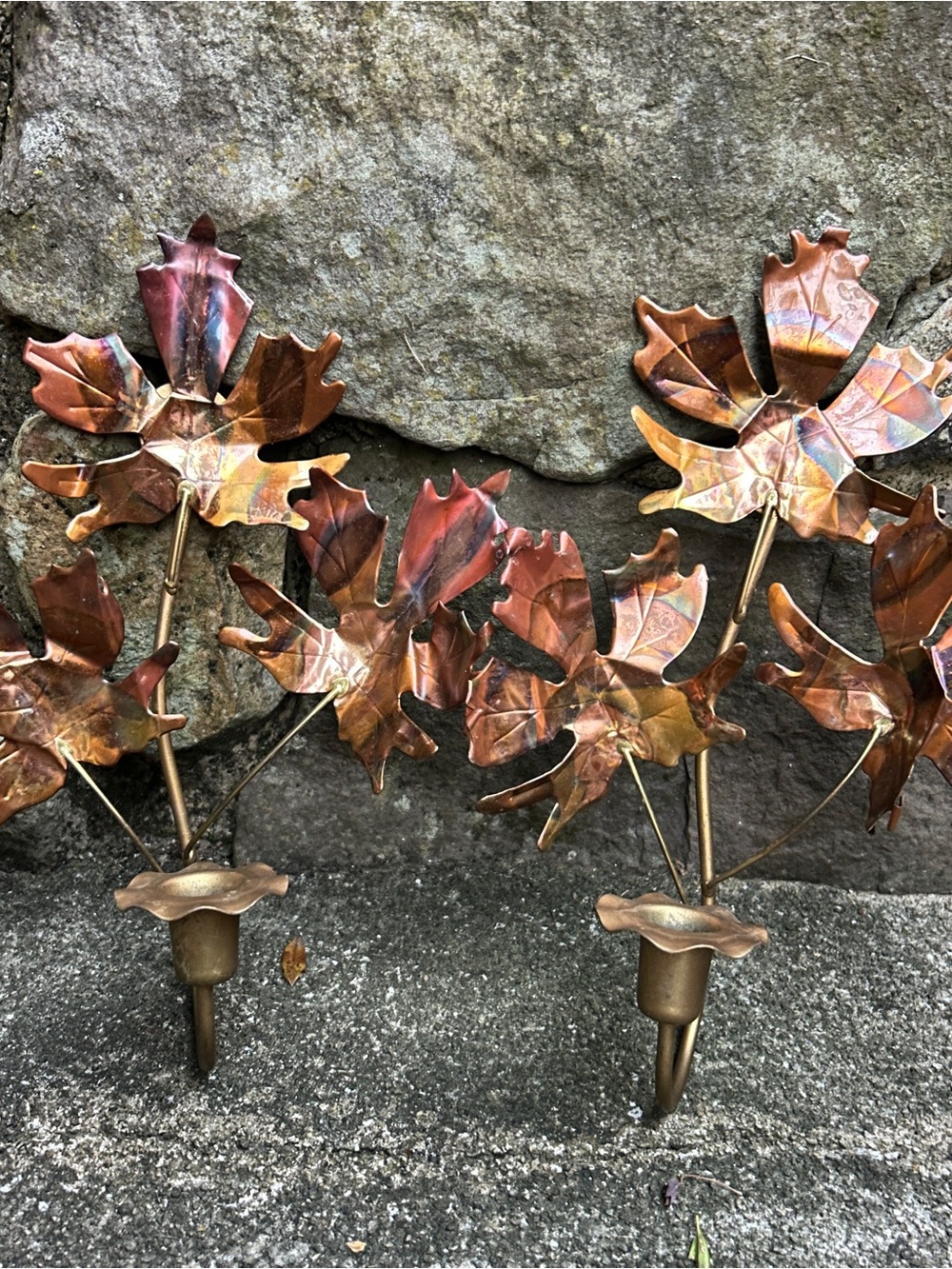 Vintage Mid-Century Modern Copper & Brass Maple Leaf Wall Sconces - Pair